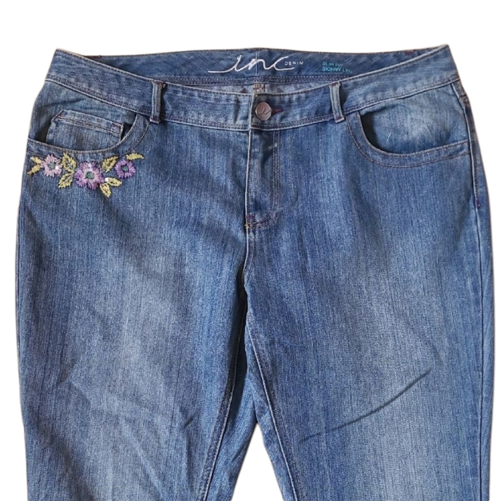 14L Inc Denim Blue Vintage Jeans Embroidered Florals Sequins